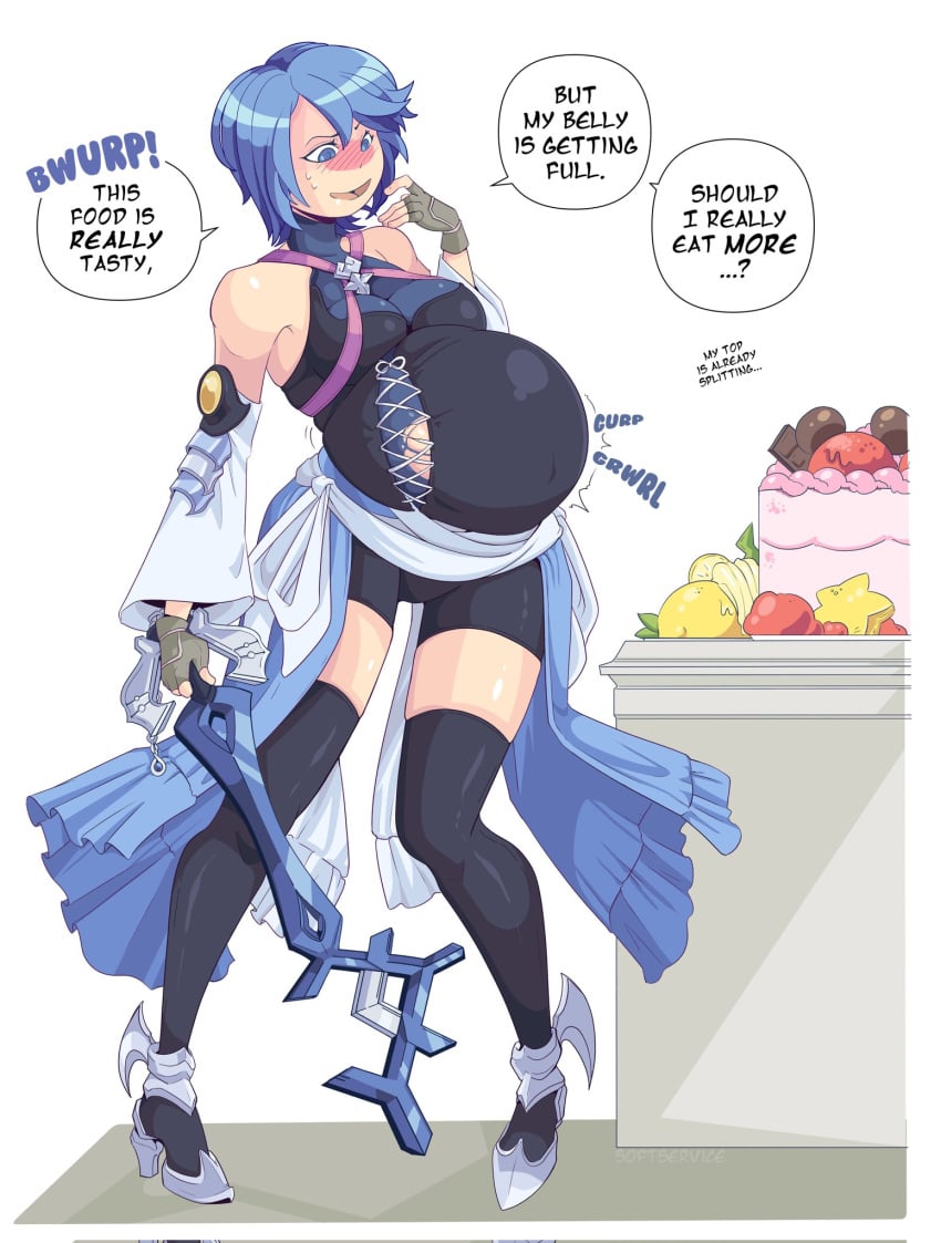 1girls 2023 aqua_(kingdom_hearts) artist_name belly_expansion big_belly big_breasts blue_eyes blue_hair blush blush_lines burping bursting_belly color dialogue digestion_noises english_text female food high_heels huge_belly keyblade kingdom_hearts motion_lines onomatopoeia short_hair skindentation softservice stomach_noises tagme talking_to_self thick_thighs thighhighs wardrobe_malfunction weight_gain zettai_ryouiki