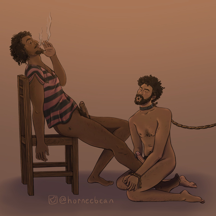 2boys 2males beard blank_background bondage collar_and_leash cum dark-skinned_male erection frenchie frenchie_(our_flag_means_death) froggeebean gay horneebean kneeling leaning_back male male_only moustache our_flag_means_death penis pirate roach roach_(our_flag_means_death) sitting smoking uncut