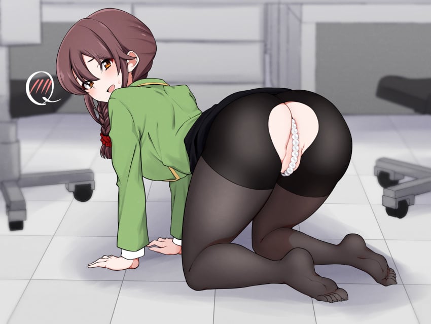 all_fours anus anus_peek arched_back ass black_pantyhose black_skirt blurry blurry_background blush braid braided_ponytail breasts brown_eyes brown_hair chair clothes_lift commentary crotchless crotchless_pantyhose depth_of_field desk female female_pubic_hair from_behind full_body green_jacket hair_between_eyes hair_ornament hair_over_shoulder hair_scrunchie highres idolmaster idolmaster_cinderella_girls indoors jacket long_hair long_sleeves looking_at_viewer looking_back low_ponytail medium_breasts minakamirin miniskirt no_shoes office_chair on_floor pantyhose parted_lips partially_visible_vulva pearl_thong pubic_hair pubic_hair_peek raised_eyebrows red_scrunchie scrunchie senkawa_chihiro single_braid skirt skirt_lift smile soles solo speech_bubble spoken_blush sweatdrop swivel_chair tile_floor tiles