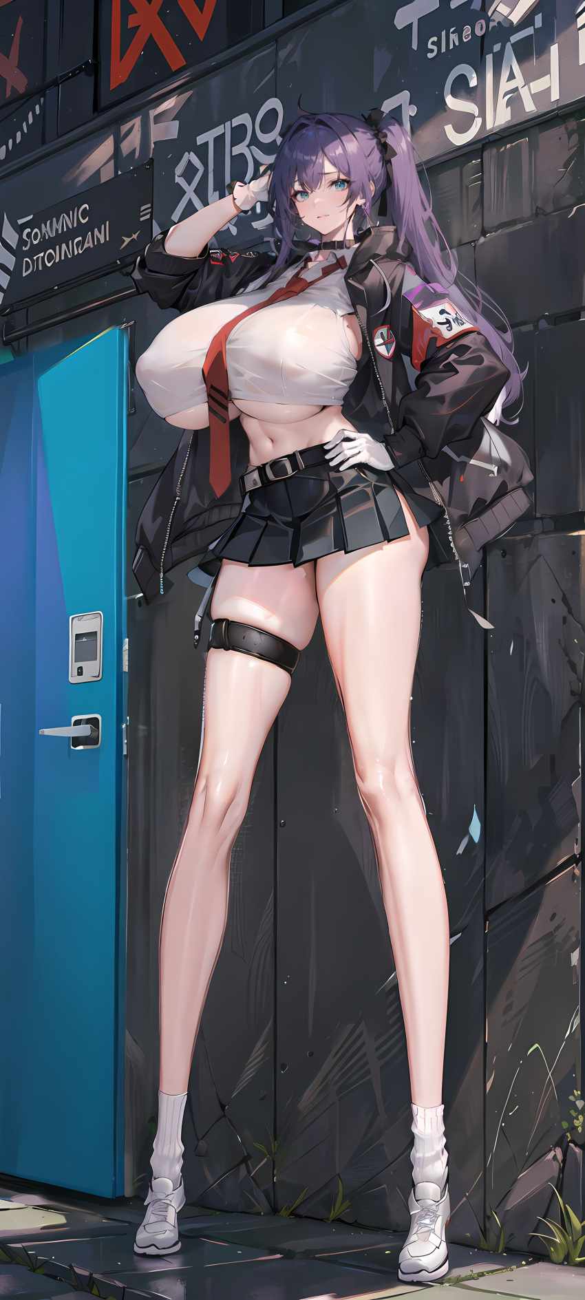 1girls ai_generated black_belt black_choker black_jacket black_skirt blue_eyes breasts choker closed_mouth commentary_request covered_nipples crop_top cropped_shirt dark_hair dark_purple_hair day door female full_body gigantic_breasts gloves hair_between_eyes hand_on_hip hand_up hi_res highres legs light_blush long_hair long_legs long_sleeves looking_at_viewer midriff miniskirt navel necktie open_jacket original outdoors outside pleated_skirt ponytail purple_hair red_necktie red_neckwear sacabambaspis_(user_ymwd7322) skindentation sneakers socks solo standing stomach stone stone_floor tall tall_female tall_girl thigh_belt thigh_strap thighs underboob white_footwear white_gloves white_shirt white_sneakers white_socks