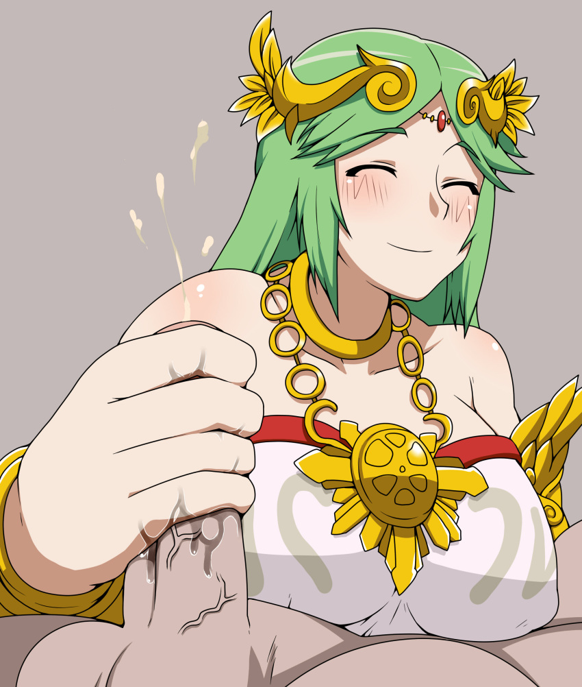 1boy 1girls bare_shoulders big_breasts breasts closed_eyes cock cum dick eyebrows_visible_through_hair eyess_closed gray_background green_eyebrows green_hair grey_background handjob kid_icarus kid_icarus_uprising long_hair mantan necklace nintendo orgasm palutena penis semen simple_background