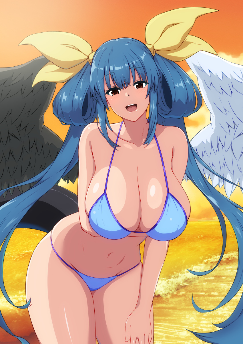 1girls absurdres angel_wings arm_under_breasts asymmetrical_wings bare_shoulders beach bikini blue_bikini blush breasts cleavage cloud commentary_request dizzy_(guilty_gear) fuuma_(bangolga1) groin guilty_gear guilty_gear_xrd guilty_gear_xx hair_rings hanging_breasts highres large_breasts leaning_forward long_hair looking_at_viewer mature_female milf monster_girl navel ocean open_mouth orange_sky shaded_face sidelocks skindentation sky solo stomach sunlight sunset swimsuit tail thick_thighs thighs twintails water waves wings