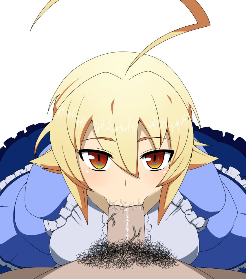 1boy 1girls black_pubic_hair blazblue blonde_hair blowjob blowjob_face cock dick es_(xblaze) eyebrows_visible_through_hair fellatio fellatio_face hair_between_eyes male_pubic_hair mantan penis pubic_hair simple_background tagme white_background xblaze