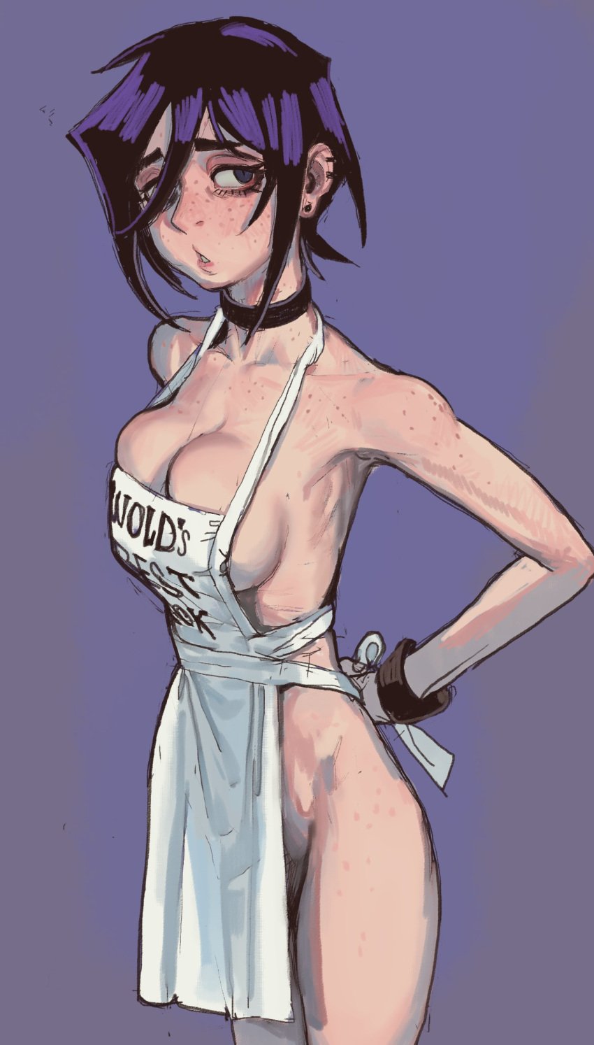 1girls apron apron_only black_hair breasts casual choker cleavage ear_piercing english_text female female_only freckles freckles_on_thighs human mossa naked_apron neckwear original_character outerwear pale_skin solo solo_female text valbun valbun_(oc) wristwear