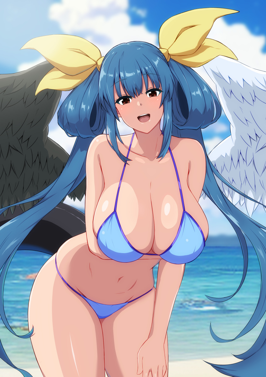 1girls absurdres angel_wings arm_under_breasts asymmetrical_wings bare_shoulders beach bikini blue_bikini blue_sky blush breasts cleavage cloud cloudy_sky commentary_request dizzy_(guilty_gear) fuuma_(bangolga1) groin guilty_gear guilty_gear_xrd guilty_gear_xx hair_rings hanging_breasts highres large_breasts leaning_forward long_hair looking_at_viewer mature_female milf monster_girl navel ocean open_mouth shaded_face sidelocks skindentation sky solo stomach sunlight swimsuit tail thick_thighs thighs twintails water wings