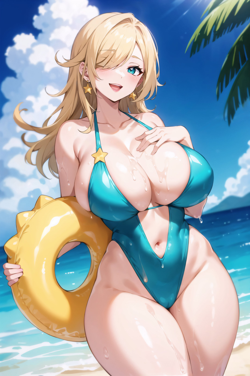 1girls ai_generated beach blonde_hair blue_eyes breasts center_opening cleavage female hair_over_one_eye hi_res hips huge_breasts large_breasts long_hair mario_(series) navel one-piece_swimsuit outdoors princess_rosalina stable_diffusion stuffyai super_mario_galaxy swimsuit thick_thighs thighs wide_hips