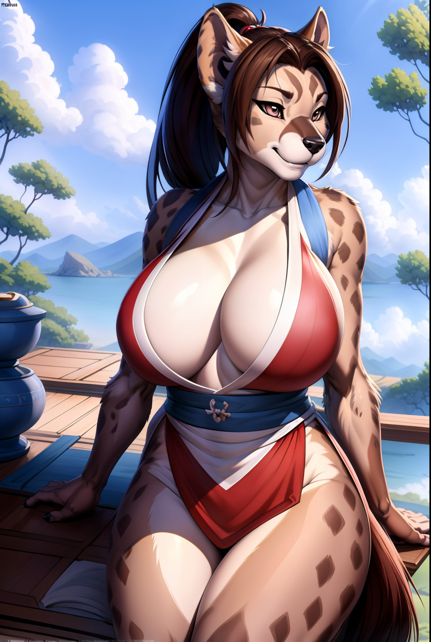 ai_generated anthro big_breasts blue_clothing brown_eyes clothes female fully_clothed furry furry_breasts furry_ears furry_female huge_breasts hyena hyenaloverai king_of_fighters looking_at_viewer mai_shiranui mai_shiranui_furry muscles ponytail robe