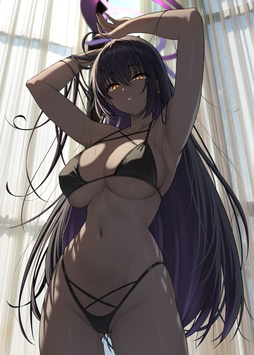 1girls bikini black_hair blue_archive breasts brown_skin cameltoe cleaning_&_clearing_(blue_archive) dark-skinned_female dark_skin female female_only halo hi_res karin_(blue_archive) long_hair millennium_science_school_student solar_(happymonk) solo swimsuit wide_hips yellow_eyes