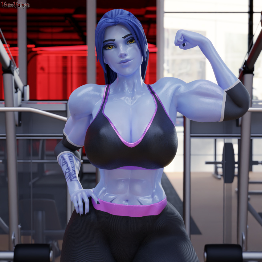 1girls 3d abs activision after_exercise amelie_lacroix athletic athletic_female biceps big_biceps big_breasts black_fingernails black_nails blizzard_entertainment blue-skinned_female blue_hair blue_skin breasts busty cleavage cropped_legs deltoids digital_media_(artwork) elbow_pads eyebrows eyes female female_only fit fit_female flex flexing_arm flexing_arms flexing_bicep french french_female front_view gym hair hand_on_hip huge_biceps lips midriff muscular muscular_arms muscular_female navel overwatch overwatch_2 p six_pack smirk smug solo sports_bra tied_hair upper_body vonsvaigen weights widowmaker yellow_eyes