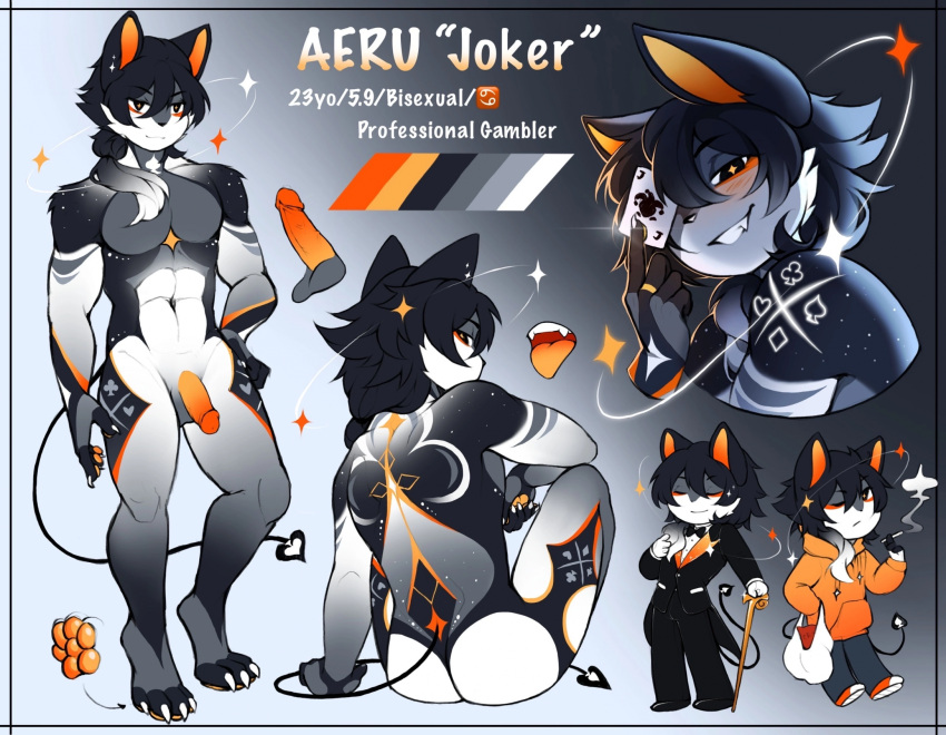 aeru_(arazenox) anthro balls biped black_hair card claws clothed clothing clubs_(suit) coff color_swatch diamonds_(suit) english_text felid feline fingers genitals glans hair hi_res humanoid_genitalia humanoid_penis male mammal model_sheet navel open_mouth pawpads penis playing_card smile solo spade_tail spades_(suit) suit_symbol tail text tongue tongue_out