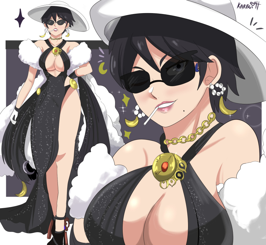 1girls 2023 absurd_res artist_name bayonetta bayonetta_(character) bayonetta_2 black_hair dress earrings elegant elegant_dress female female_only fully_clothed hat inner_sideboob karbuitt lollipop_in_mouth looking_at_viewer mole mole_under_mouth necklace nintendo pink_lipstick smiling smiling_at_viewer solo sunglasses tinted_eyewear wink winking_at_viewer