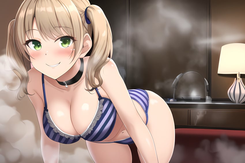 ai_generated bent_over blonde_hair bra collar fart fart_cloud fart_everywhere farting green_eyes novelai panties pov smile smiling smiling_at_viewer striped_bra striped_panties twintails