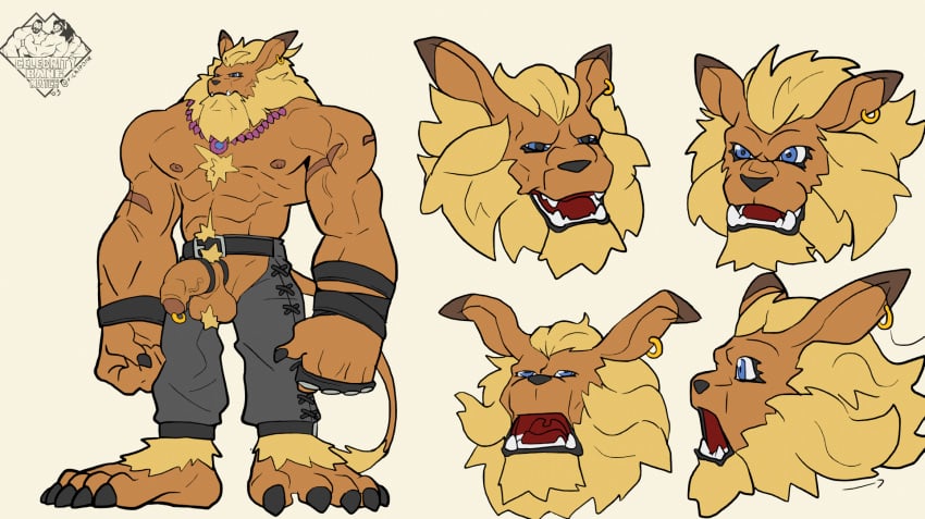 bandai_namco barazoku bottomwear clothing digimon digimon_(species) felid hi_res himbo leather leather_bottomwear leather_clothing leather_pants leomon lion male male_only mammal mane model_sheet muscular pantherine pants rickleone