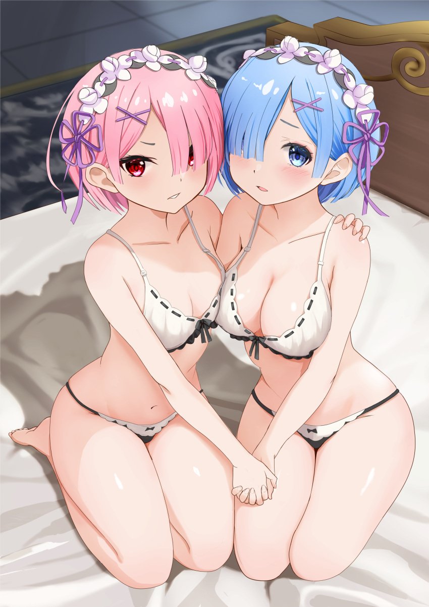 2girls absurdres barefoot black_panties blue_eyes blue_hair blush bow bow_bra bow_panties bra breasts cleavage collarbone gibun_(sozoshu) hair_ornament hair_over_one_eye hair_ribbon highres holding_hands indoors interlocked_fingers lesbian looking_at_viewer maid_headdress medium_breasts multiple_girls navel on_bed open_mouth panties pink_hair purple_ribbon ram_(re:zero) re:zero_kara_hajimeru_isekai_seikatsu red_eyes rem_(re:zero) revision ribbon ribbon-trimmed_bra ribbon-trimmed_clothes ribbon_trim short_hair siblings sisters sitting skindentation small_breasts thighs twins underwear underwear_only white_bra x_hair_ornament yuri