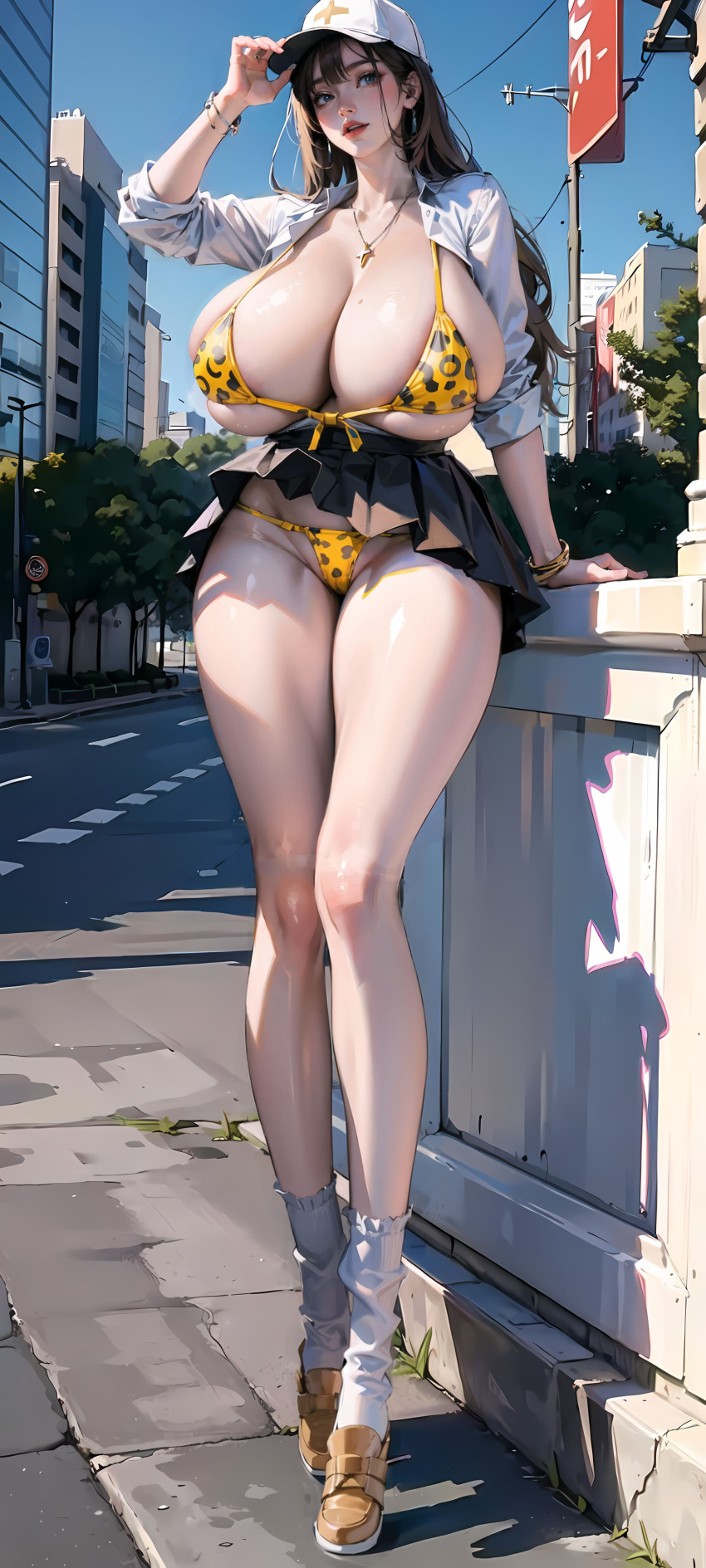 1girls ai_generated animal_print arm_up bare_thighs baseball_cap bikini bimbo black_skirt blue_eyes blue_sky breasts brown_footwear brown_hair brown_shoes building clear_sky cleavage cross cross_necklace day female full_body hi_res highres huge_breasts jaguar_print legs lifted_skirt light_blush lips long_hair long_legs long_sleeve_shirt long_sleeves miniskirt necklace nose open_shirt orange_bikini original outdoors outside pantyshot parted_lips pleated_skirt realistic red_lips road road_sign sacabambaspis_(user_ymwd7322) shadow shoes skirt_lift socks solo tall tall_female tall_girl teeth thighs tied_sleeves tree upper_teeth upper_teeth_only white_cap white_headwear white_shirt white_socks