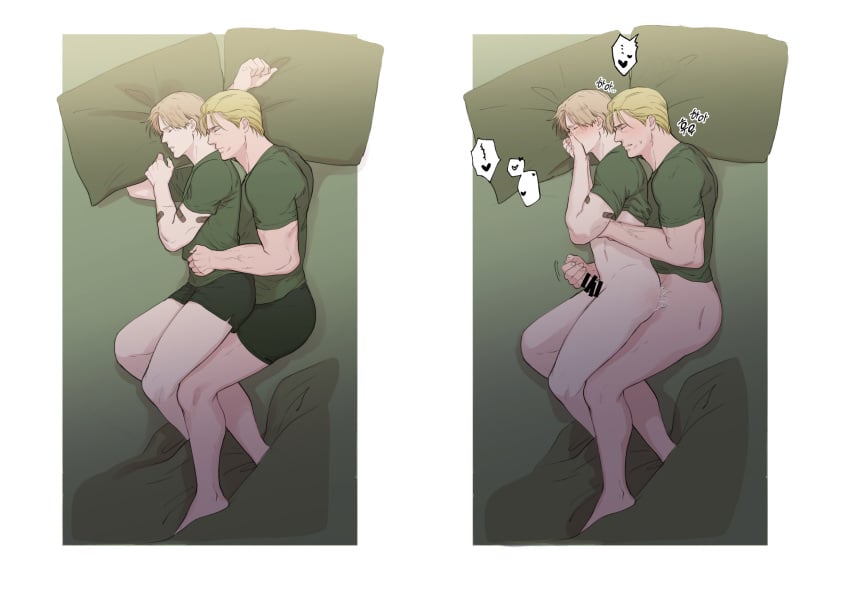 2boys anal bandaid bandaid_on_arm bar_censor bara bed blonde_hair blonde_hair_on_brown_hair blonde_hair_top blush bottomless brown_hair brown_hair_bottom censored closed_eyes closed_mouth couple domination erection gay green_male_underwear green_shirt handjob highres jack_krauser large_pectorals leon_scott_kennedy light_hair_on_dark_hair male_focus male_underwear multiple_boys muscular muscular_male naked_shirt on_bed pectorals penis pillow resident_evil resident_evil_4 resident_evil_4_remake sex sex_from_behind shirt short_hair sleeping translation_request underwear ya2der2 yaoi