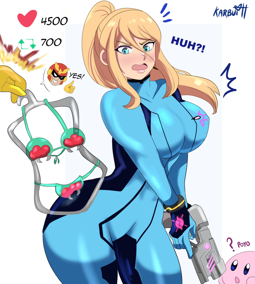 1girls 2023 absurd_res aqua_eyes artist_name bikini blonde_hair blush bodysuit captain_falcon english_text female female_only girls_reacting_to_bikini_(meme) karbuitt kirby kirby_(series) long_hair metroid nintendo ponytail samus_aran shocked shocked_expression solo strip_game super_smash_bros. text twitter_strip_game_(meme) white_background zero_suit zero_suit_samus