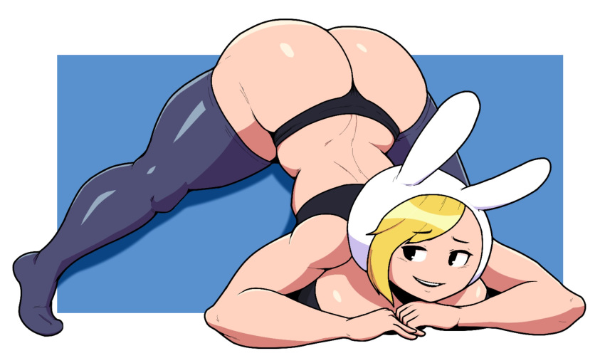 1girls adventure_time ass ass_up big_ass blonde_hair clothed clothed_female clothing curvaceous female female_only fionna_and_cake fionna_the_human_girl foofoofoo134607 full_body human jack-o_pose legwear looking_back open_mouth open_smile pale_skin renniearts00 smile solo solo_female thighhighs