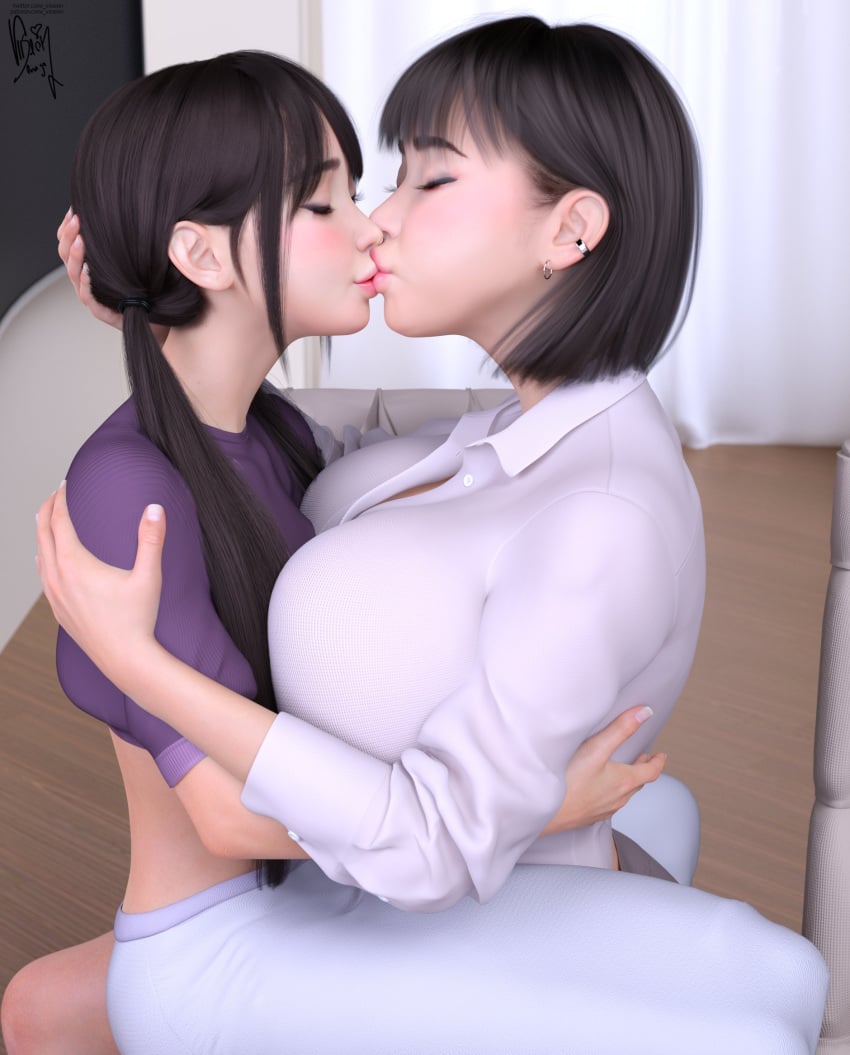 1futa 1girls 3d alternate_hairstyle ayumi_(viiseon) black_hair bob_cut breast_press breast_squish breasts_frottage bulge clothed crop_top dress_shirt drink embrace english_text eye_contact female fit fit_female food futanari heart hugging indoors inside kissing light-skinned_female light_skin long_hair makeup shirt_pull shorts sitting sitting_on_chair sitting_on_lap sitting_on_person table tea text thick thick_ass thick_thighs tied_hair twintails viiseon yuna_(viiseon)