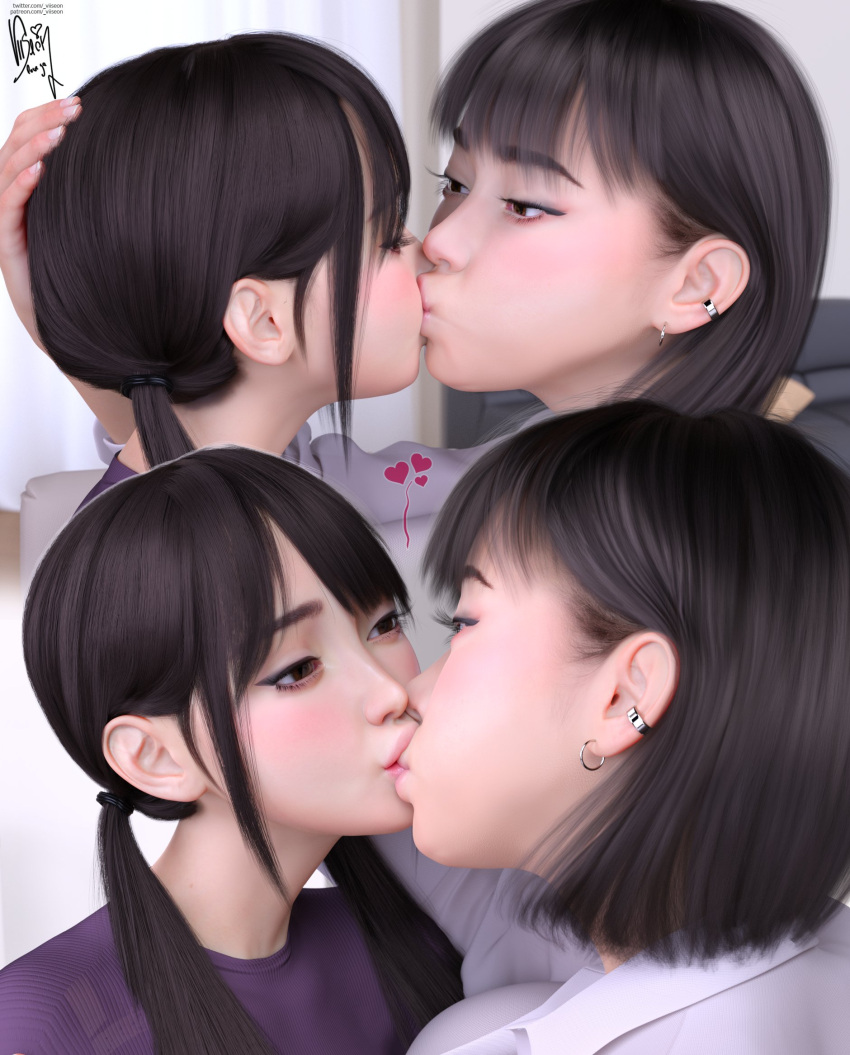 2girls 3d alternate_hairstyle ayumi_(viiseon) black_hair bob_cut breast_press breast_squish breasts_frottage clothed collage crop_top different_angle dress_shirt drink embrace english_text eye_contact female female_only fit fit_female food heart hugging indoors inside kissing light-skinned_female light_skin long_hair makeup shirt_pull shorts sitting sitting_on_chair sitting_on_lap sitting_on_person table tea text thick thick_ass thick_thighs tied_hair twintails viiseon yuna_(viiseon)