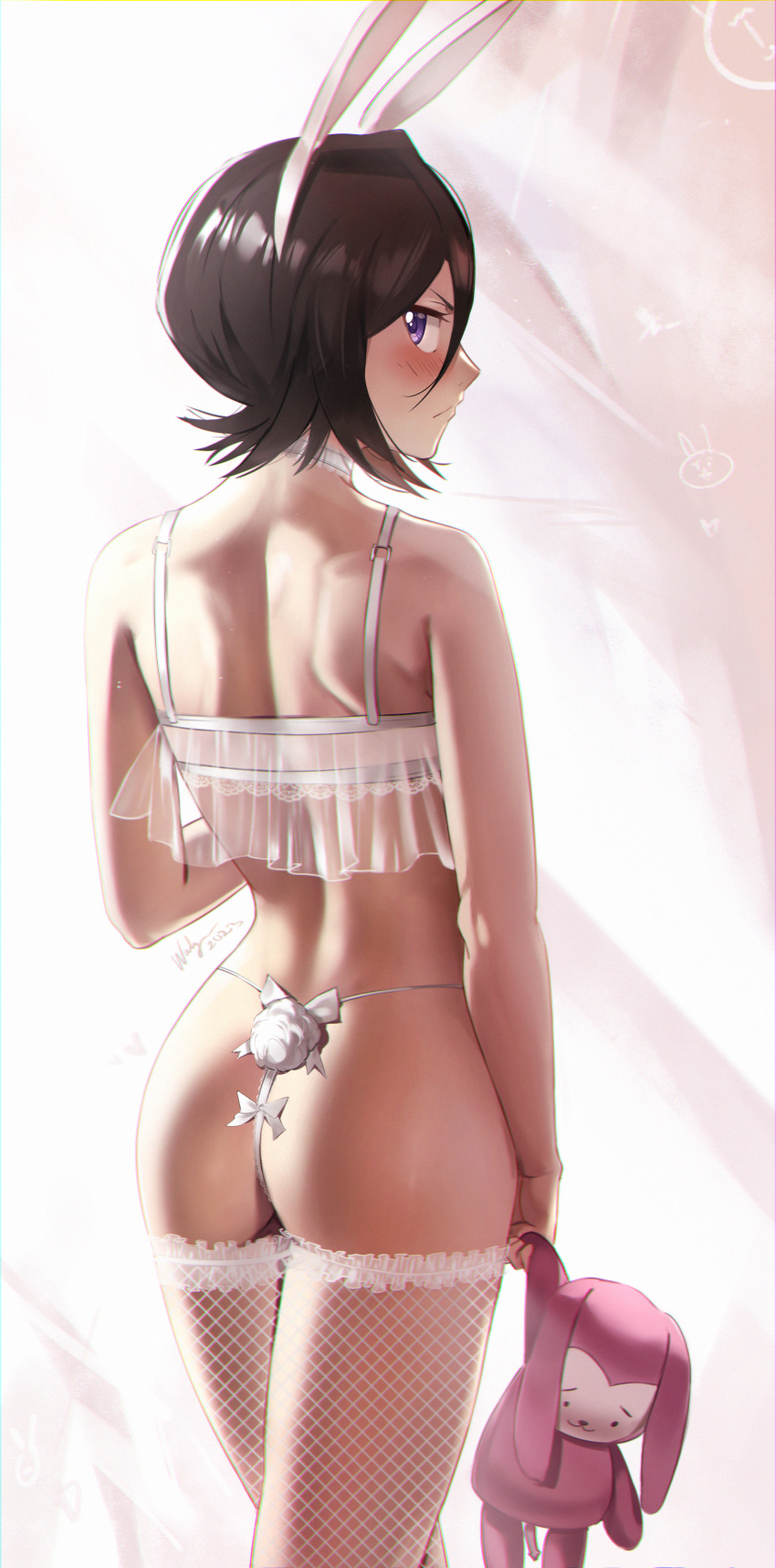 1girls ass back bleach bleach:_the_thousand-year_blood_war bunny_costume bunny_ears bunny_girl bunny_tail bunnysuit female female_only kuchiki_rukia lingerie skinny solo waligner