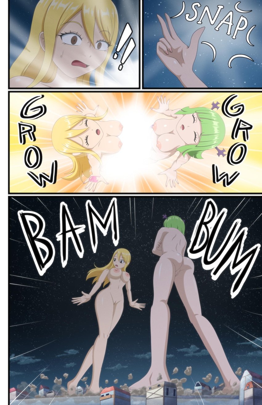 big_breasts blonde_hair brandish_mew breasts brown_eyes catfight fairy_tail giantess green_eyes green_hair jenny_the_huge long_hair lucy_heartfilia nipples nude short_hair thedaibijin