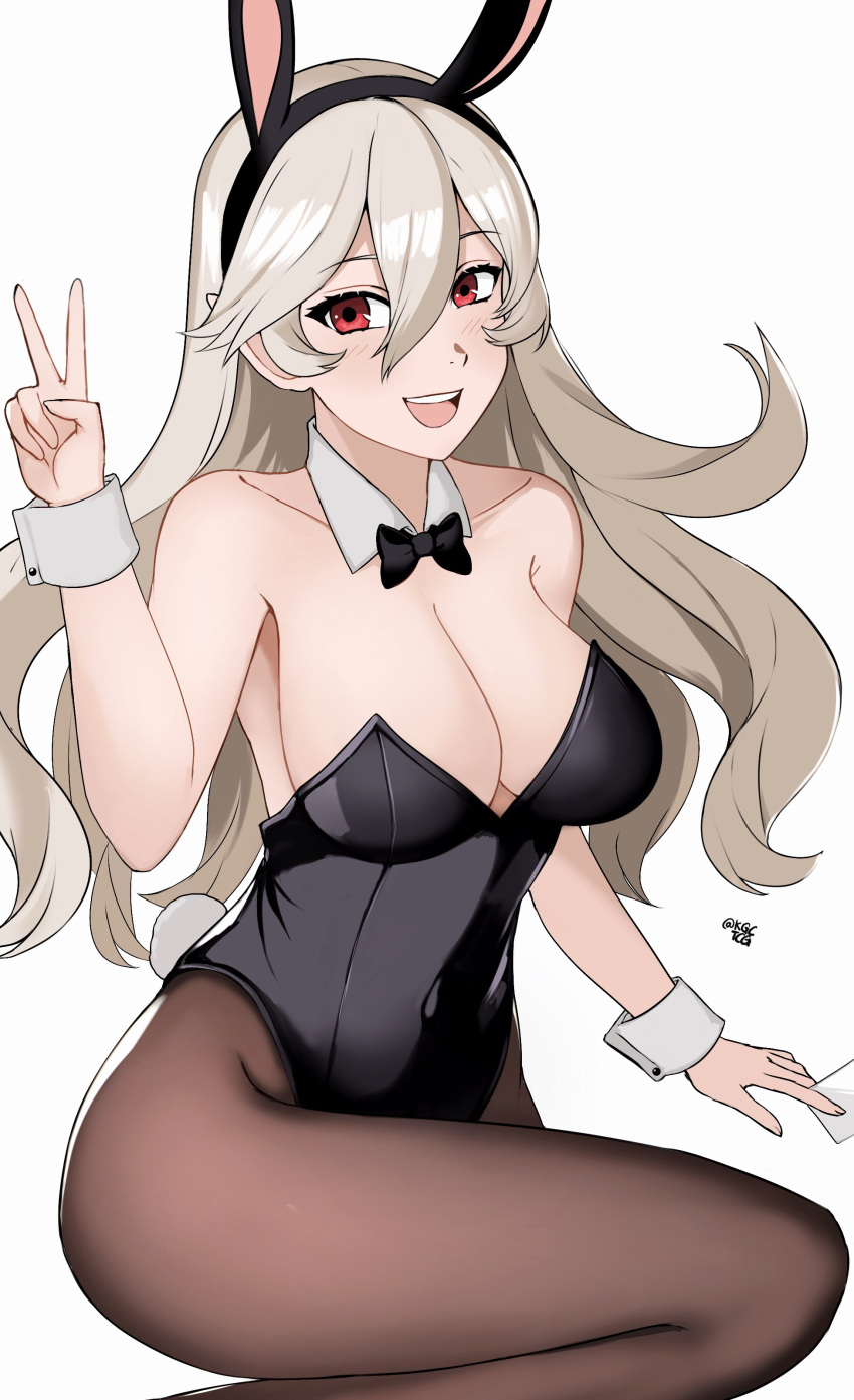 alternate_costume breasts bunny_ears bunny_girl bunnysuit corrin_(fire_emblem) corrin_(fire_emblem)_(female) female female_only fire_emblem fire_emblem_fates hair headband kgctcg long_hair nintendo open_mouth red_eyes solo v white_hair