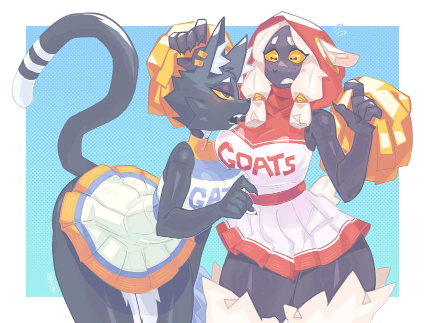 2023 2d 2d_(artwork) 2girls bacardi_(muart242) big_breasts big_thighs blush breasts cat_ears cat_girl cat_tail cheerleader cheerleader_uniform claws cleavage eyeshadow female female_focus female_only furry furry_ears furry_female furry_only furry_tail goat goat_ears goat_girl head_pat hi_res highres large_thighs lesbian nanokindred original original_character pom_pom_(cheerleading) pom_pom_(clothes) pom_poms purple_eyeshadow reinette_(nanokindred) sharp_claws sharp_teeth short_skirt skirt thick_thighs thighs yuri