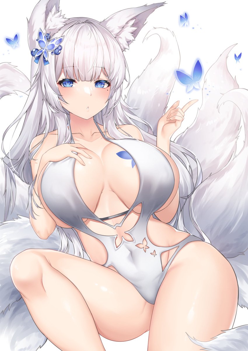 1girls animal_ears azur_lane beauty_mark blue_eyes blush breasts butterflies deogho_(liujinzy9854) eyebrows_visible_through_hair female female_only fox_ears fox_girl fox_tails huge_breasts light-skinned_female light_skin looking_at_viewer multiple_tails sakura_empire_(azur_lane) shinano_(azur_lane) solo white_hair