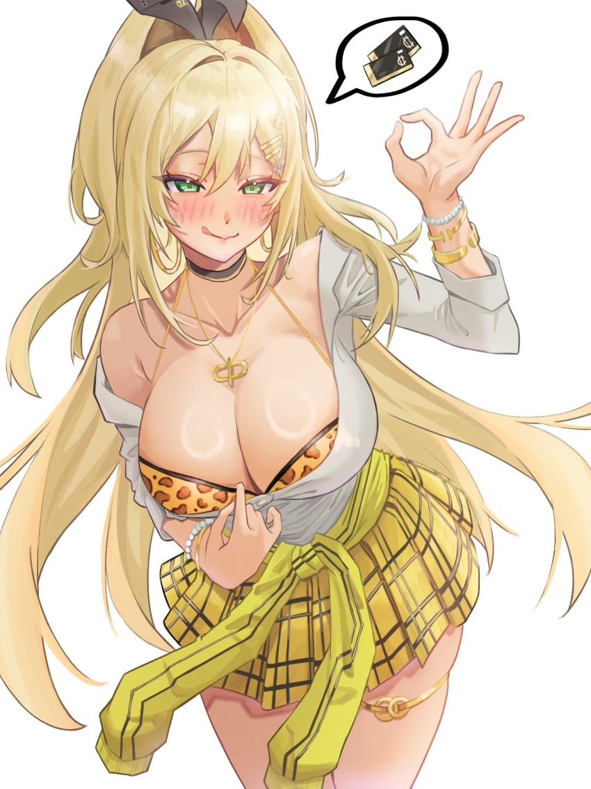 1girls bangs blonde_hair bluepaint blush bra breasts cleavage cleavage_pull closed_smile clothing_pull exposed_shoulders female female_only goddess_of_victory:_nikke green_eyes gyaru hair_intakes hair_ornament hair_ribbon highres huge_breasts jacket jacket_around_waist jewelry leopard_print leopard_print_bikini licking_lips long_hair looking_at_viewer ok_sign rupee_(nikke) seductive_smile shirt shirt_pull skirt speech_bubble tanned tanned_female tanned_skin thighs white_background white_shirt yellow_skirt