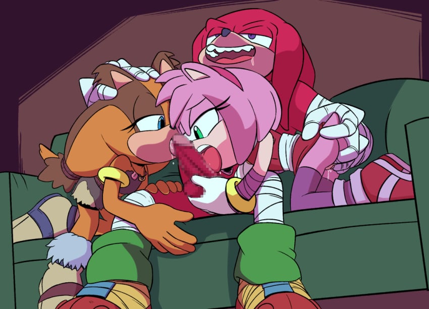 1boy 2girls alternate_version_available amy_rose amy_rose_(boom) anthro anthro_on_anthro ass blowjob blue_eyes censored censored_penis clothing collaborative_fellatio couch drooling female fingering furniture furry green_eyes hand_on_ass hand_on_balls hand_on_butt hand_on_head knuckles_the_echidna male mobian_(species) multiple_girls netorare ninoeros oral penis pimp saliva sonic_(series) sonic_boom sonic_the_hedgehog_(series) sticks_the_badger sticks_the_jungle_badger sticks_the_tejon stockings straight teamwork threesome tongue tongue_out