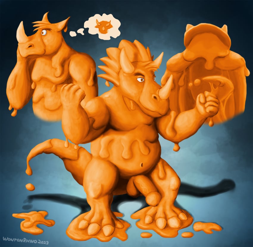 after_transformation anthro balls blue_background ceratopsian clay_creature dinosaur fist genitals goo_creature hi_res hooves horn male mammal melting moobs nude nude_male orange_body orange_penis ornithischian overweight overweight_anthro overweight_male penis raised_arm reptile rhinoceros scalie simple_background slightly_chubby slime smile solo tail thought_bubble transformation triceratops wonton_(wontonrhino) wontonrhino