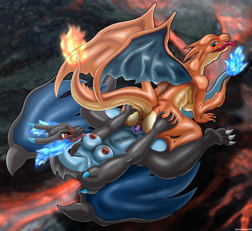 absurd_res anthro anus ass blush bodily_fluids breasts charizard claws digital_media_(artwork) dildo double_dildo dragon duo female female/female fire generation_1_pokemon genital_fluids genitals heartlessangel3d hi_res mega_charizard mega_charizard_x mega_charizard_y mega_evolution nintendo nipples nude open_mouth pokemon pokemon_(species) pussy scalie sex sex_toy smile tail tongue vaginal_penetration wings