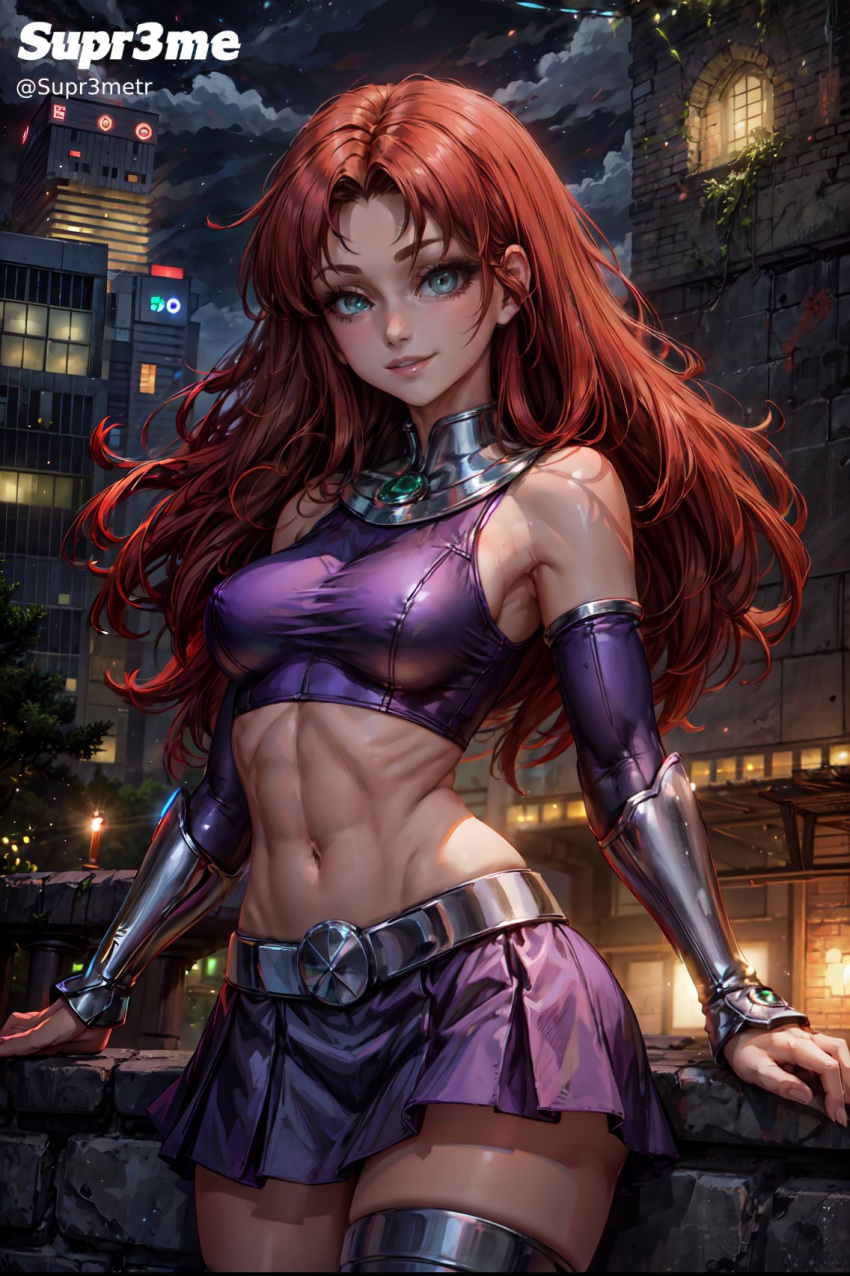 absurdres ai_generated belt blue_eyes breasts breasts dc dc_comics female female female_focus female_only fit fit_female long_hair looking_at_viewer medium_breasts midriff navel red_hair skirt sleeveless small_waist smile solo solo_female starfire supr3metr teen_titans titans topwear