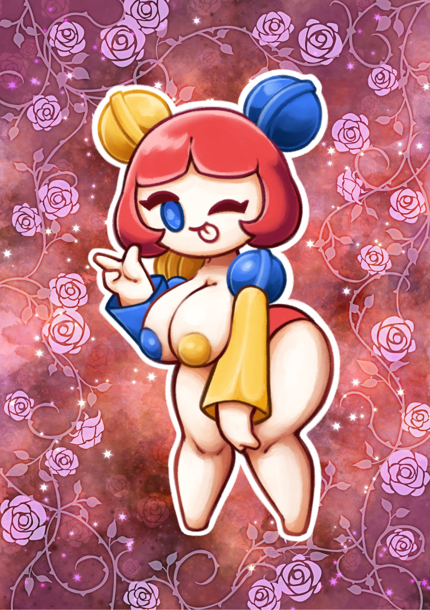 adorable big_breasts blue_eyes breast_squish breasts cookie_run cubesmolly cute half-dressed leaning_forward lollipop looking_at_viewer maiya_(cubesmolly) multicolored_nipples original_character panties red_hair smile soff_doll tagme tongue_out wink