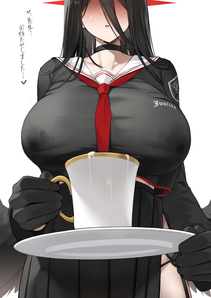 1girls absurdres amondo_(almondnuts117) black_choker black_feathers black_gloves black_hair black_wings blue_archive blush breasts choker cup faceless faceless_female feathers full-face_blush gloves hasumi_(blue_archive) highres holding holding_cup holding_plate huge_breasts implied_breast_milk implied_lactation justice_task_force_(blue_archive) lactation light-skinned_female light_skin low_wings neckerchief parted_lips plate pleated_skirt red_neckerchief sailor_collar school_uniform serafuku side_slit simple_background skirt solo stain stained_clothes teacup translated trinity_general_school_logo_(blue_archive) trinity_general_school_student white_background wings