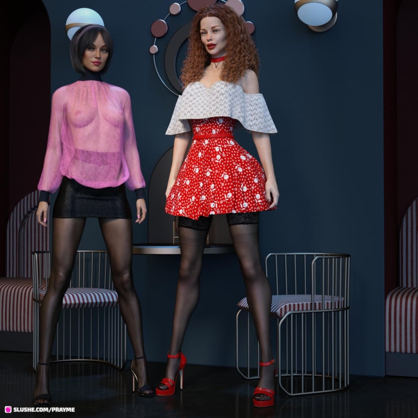 2023 2girls 3d black_hair black_skirt clothed clothing dress female female_only indoors large_breasts lipstick looking_at_viewer mature mature_female medium_breasts milf multiple_girls no_bra orange_hair pink_lipstick prayme red_dress red_hair red_lipstick see-through_clothing skirt standing