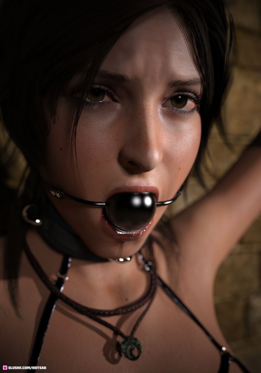 1girls 2023 3d ball_gag bondage close-up fanart female female_only gagged hotsab lara_croft lara_croft_(survivor) restrained solo solo_female tomb_raider tomb_raider_(survivor)