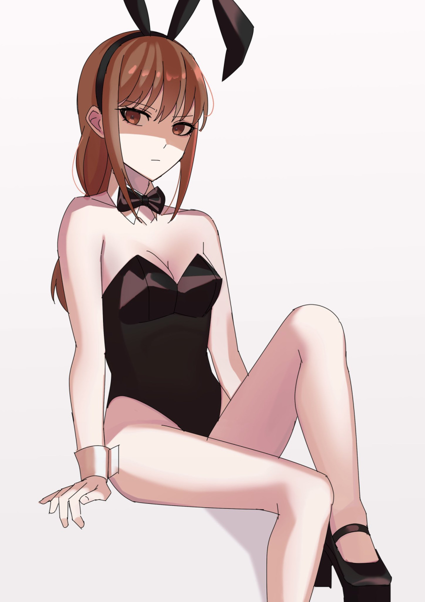 alternate_costume angry annoyed bowtie brown_eyes brown_hair bunny_ears bunny_girl bunnysuit cleavage detached_collar female female_only fuziwaranosub gintama high_heels long_hair looking_at_viewer low-tied_long_hair mutsu_(gintama) pale-skinned_female pale_skin playboy_bunny shaded_face sitting small_breasts solo tagme wrist_cuffs