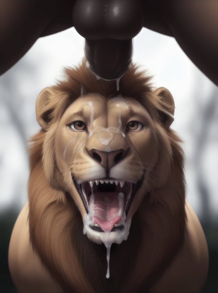 ai_generated cum cum_in_mouth cum_on_face detailed dripping duo ejaculation feline feral gay hi_res human interspecies lion male male/male oral shuffur zoophilia