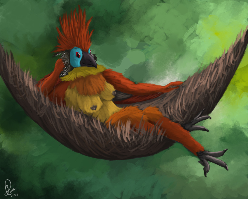 absurd_res anthro birdtember blue_face breasts feathers female forest green_background hammock hi_res hoatzin jungle plant simple_background sitting solo speedpaint spiky_feathers tree yenocwolf