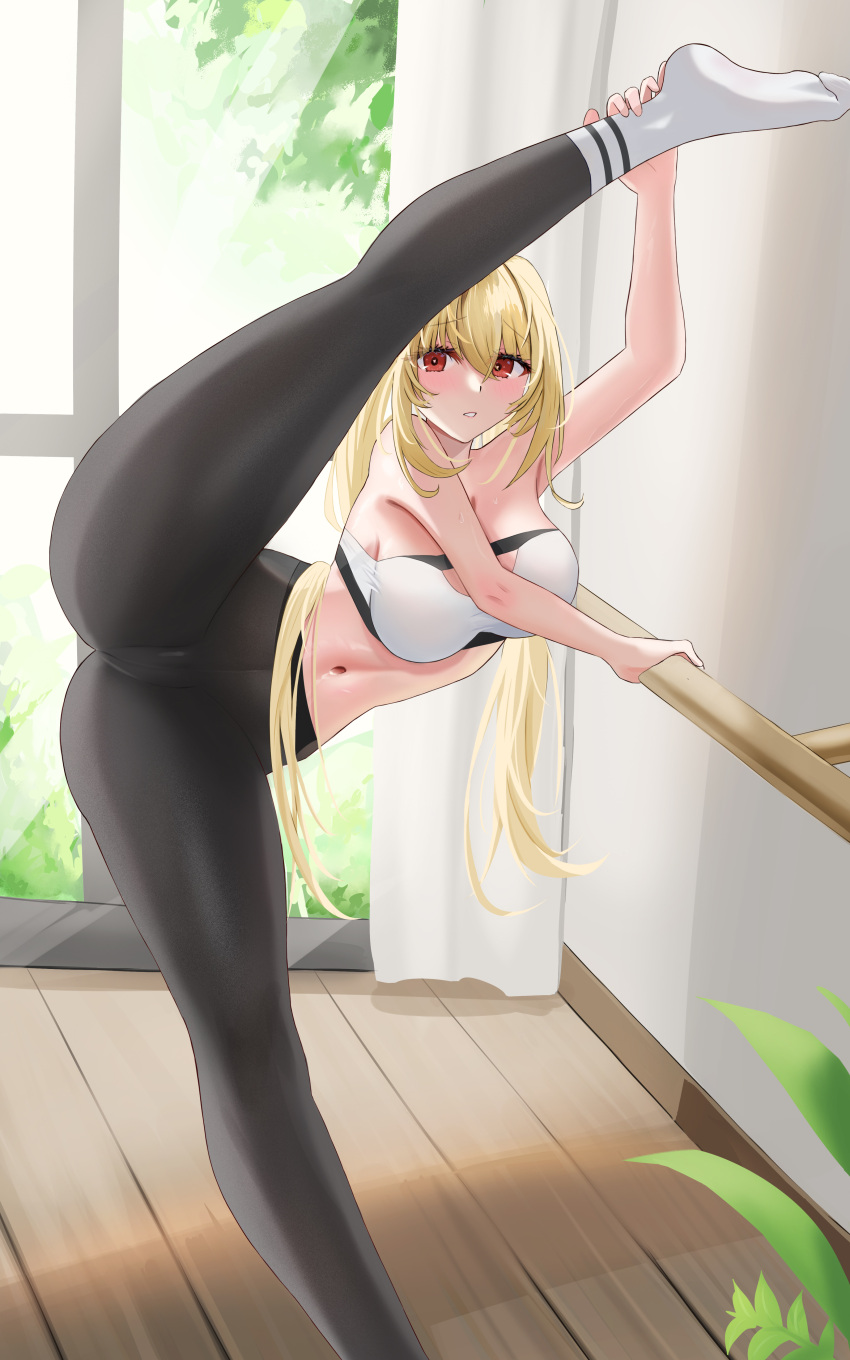 1girls ankle_socks anklehighs azur_lane belly_button blonde_hair blush cameltoe clothed clothing eyebrows_visible_through_hair female female_only heart-shaped_pupils high_waisted_pants indoors kamoe kersaint_(azur_lane) kersaint_(reverent_runner)_(azur_lane) light-skinned_female light_skin looking_at_viewer red_eyes sock socks socks_over_yoga_pants solo sportswear symbol-shaped_pupils tank_top vichya_dominion_(azur_lane) white_socks yoga_pants