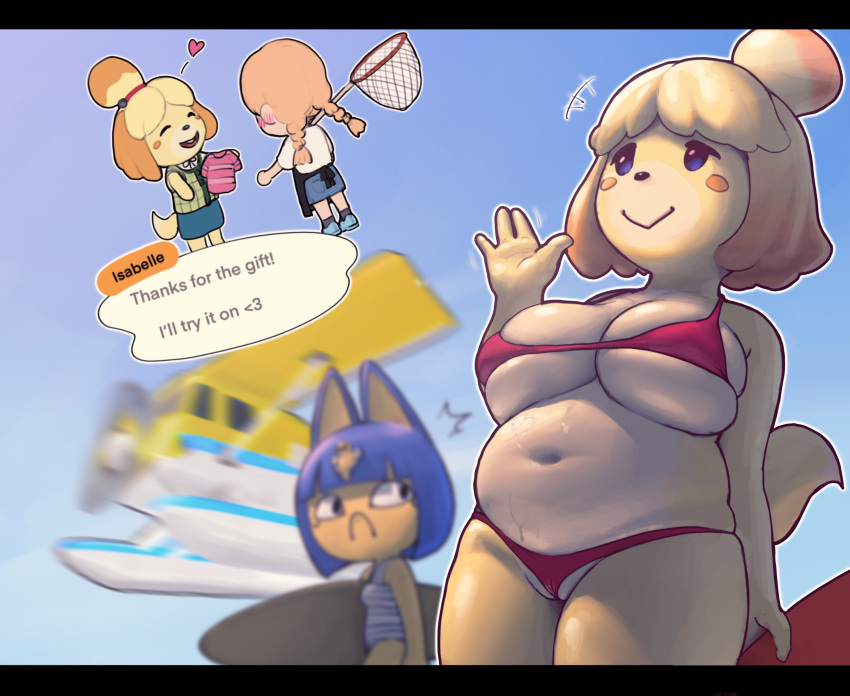 absurd_res animal_crossing ankha ankha_(animal_crossing) anthro beach belly big_belly bikini breasts canid canine canis chubby chubby_female clothing domestic_cat domestic_dog duo felid feline felis female genitals hi_res human isabelle_(animal_crossing) low-angle_view mammal nintendo okgaki plump pussy seaside slightly_chubby speech_bubble swimwear