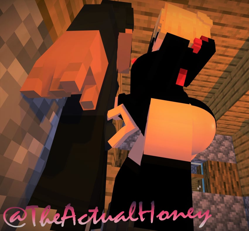 1boy 1girls 2023 3d artist_name artist_signature big_ass big_breasts big_butt black_and_blonde_hair dick female grabbing_penis honey_(tah) horny_female human humanoid male mine-imator minecraft multicolored_hair tagme theactualhoney touching_penis watermark