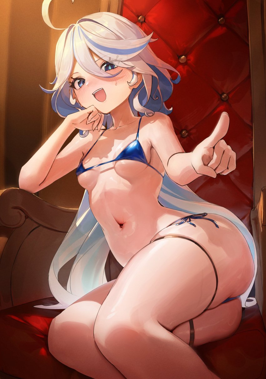 bare_thighs bikini blue_eyes blush bottom_heavy breasts chochomi furina_(genshin_impact) genshin_impact hi_res looking_at_viewer micro_bikini petite sitting small_breasts smug thick_thighs thighs throne underboob white_hair wide_hips