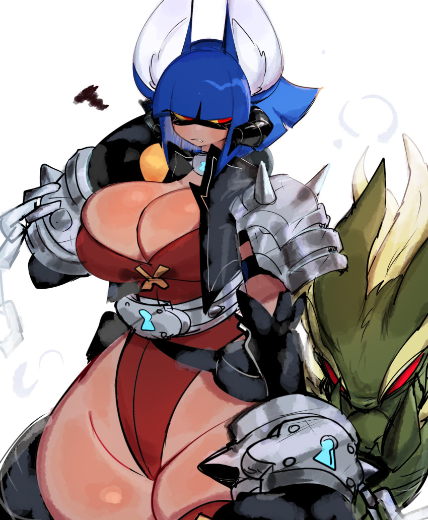 big_breasts big_breasts big_ear big_ears blank_background blue_hair chimera chimera_humanoid choker elridalm fluffy_ears monster monster_girl plain_background red_eyes shackle shackled shackled_wrists shackles short_hair short_hair_female short_hair_with_long_locks thick thick_ass thick_hips thick_legs thick_thighs white_background yellow_eyes