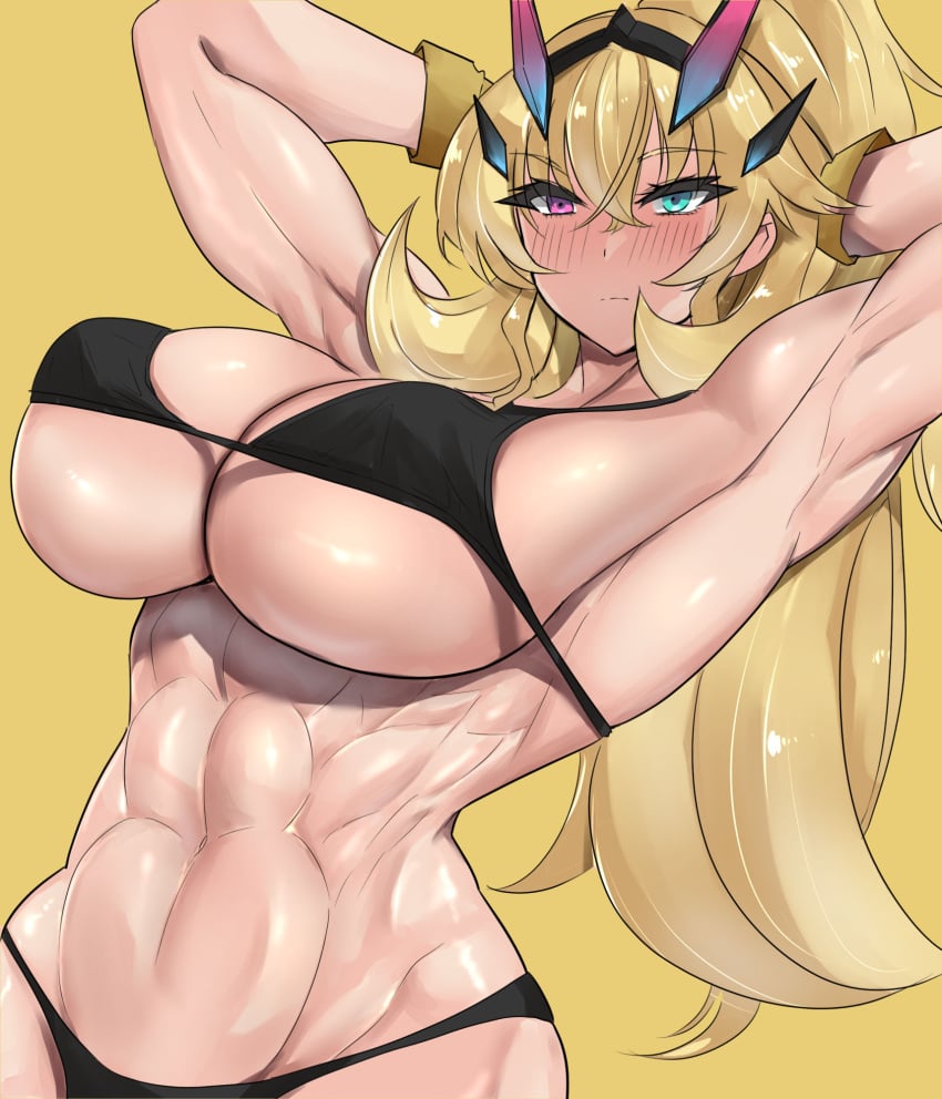 1girls 2023 abs armpit arms_behind_head arms_up barghest_(gawain)_(fate) bikini black_bikini blonde_female blonde_hair blonde_hair_female blush eyebrows eyebrows_visible_through_hair fate/grand_order fate_(series) heterochromia long_hair muscles muscular_arms muscular_female simple_background teaindian yellow_background