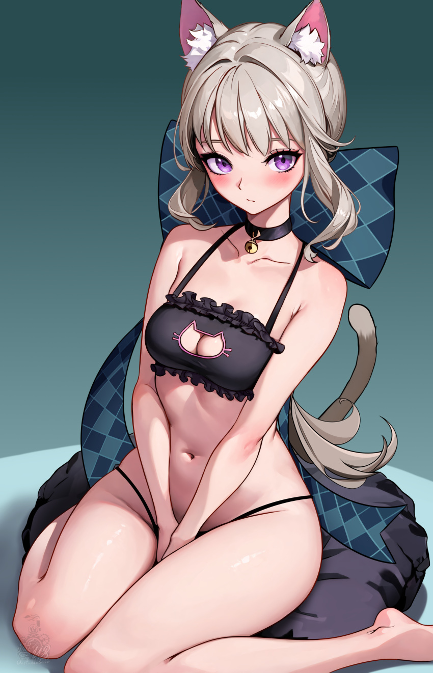 1girls bare_legs bare_shoulders bare_thighs blonde_hair blush breasts cat_ears cat_lingerie catgirl choker cleavage cute female genshin_impact hair_ribbon hi_res legs lingerie looking_at_viewer lynette_(genshin_impact) purple_eyes small_breasts thighs underwear unstableboiler