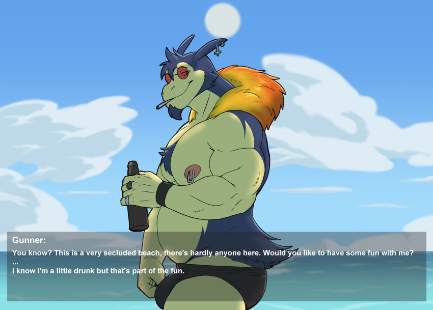 2023 absurd_res beverage biceps bracelet bulge dialogue digital_drawing_(artwork) digital_media_(artwork) ear_piercing english_text eyewear fur gay generation_2_pokemon hi_res holding_beverage holding_object jewelry male musclegut muscular muscular_male nelldemon nintendo nipple_piercing nipples outside piercing pokemon pokemon_(species) ring sky solo standing sun sunglasses talking_to_viewer text typhlosion