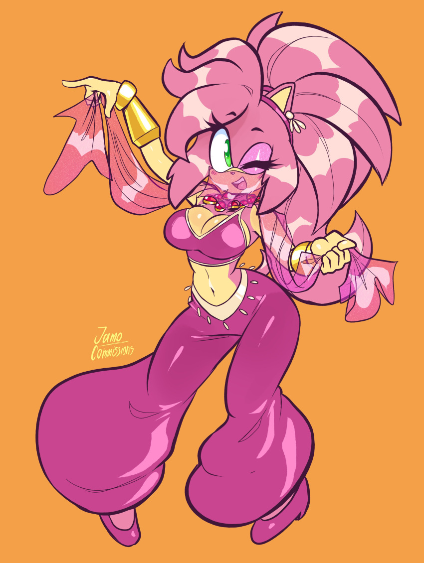 alternate_costume alternate_hairstyle amy_rose anthro belly_dancer belly_dancer_outfit breasts cleavage clothed clothing female happy having_fun hedgehog jamoart jewelry pink_hair solo sonic_(series) sonic_the_hedgehog_(series) wink winking_at_viewer wristwear